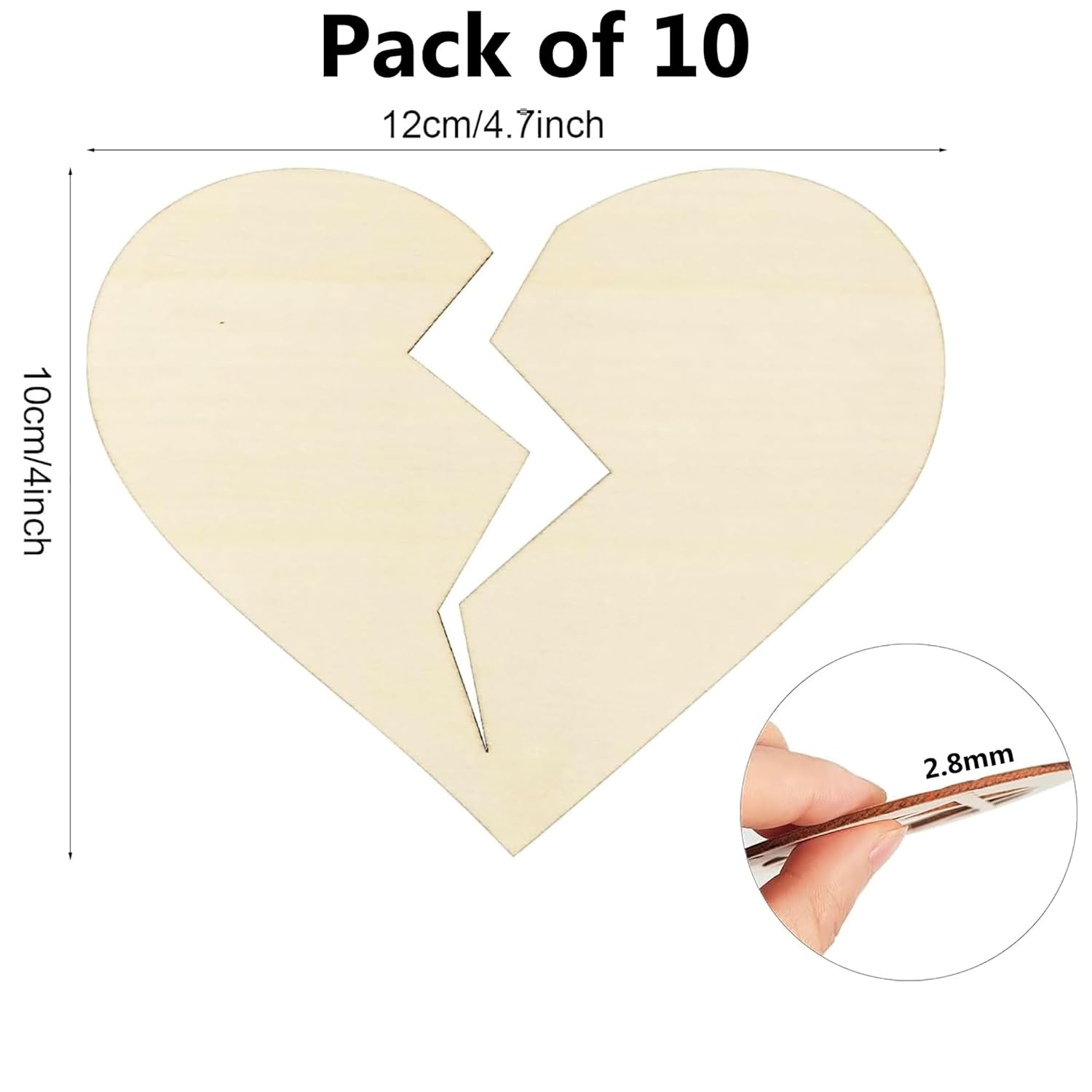 Pack of 10 broken heart-shaped objects with measurements and a close-up of a hand holding one.