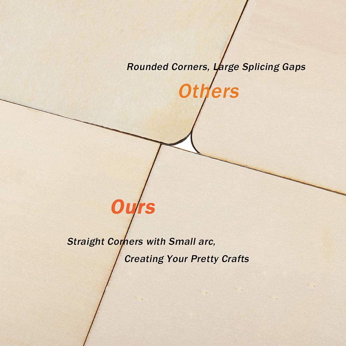 Comparison of paper with rounded corners and large splicing gaps versus straight corners with small arc, labeled 'Ours'.