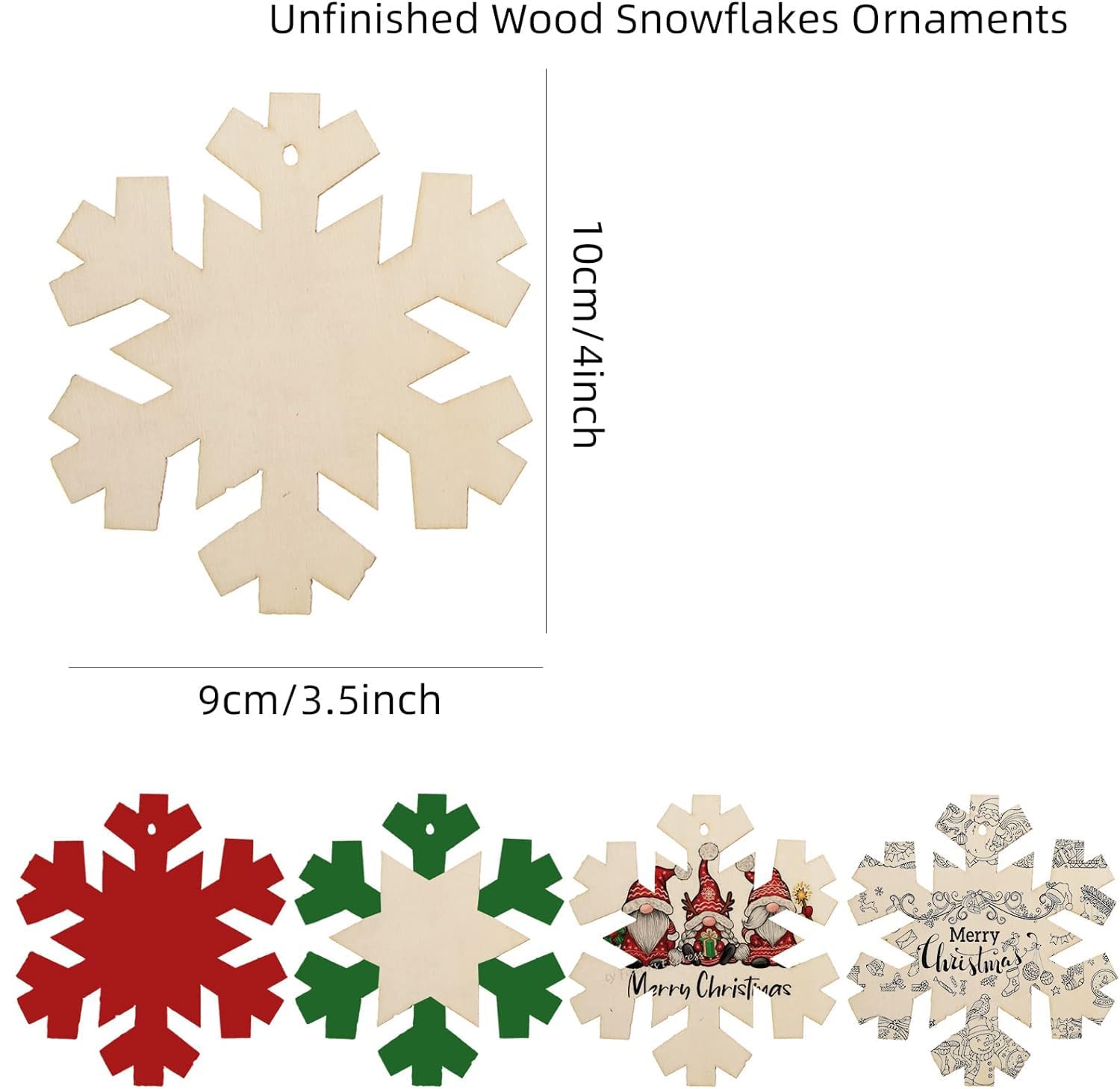 Unfinished wood snowflake ornaments with measurements and examples of decorated snowflakes.