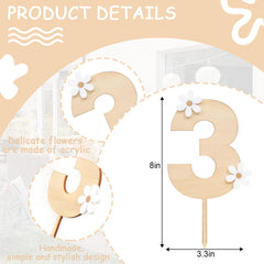 American Elm Wooden Daisy Cake Topper Set of 3 MDF Flower Decor for 3rd Birthday, Boho Party, 3rd Anniversary, Cake Smash