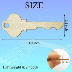 Wooden key-shaped object with measurements and texture details on a blue background