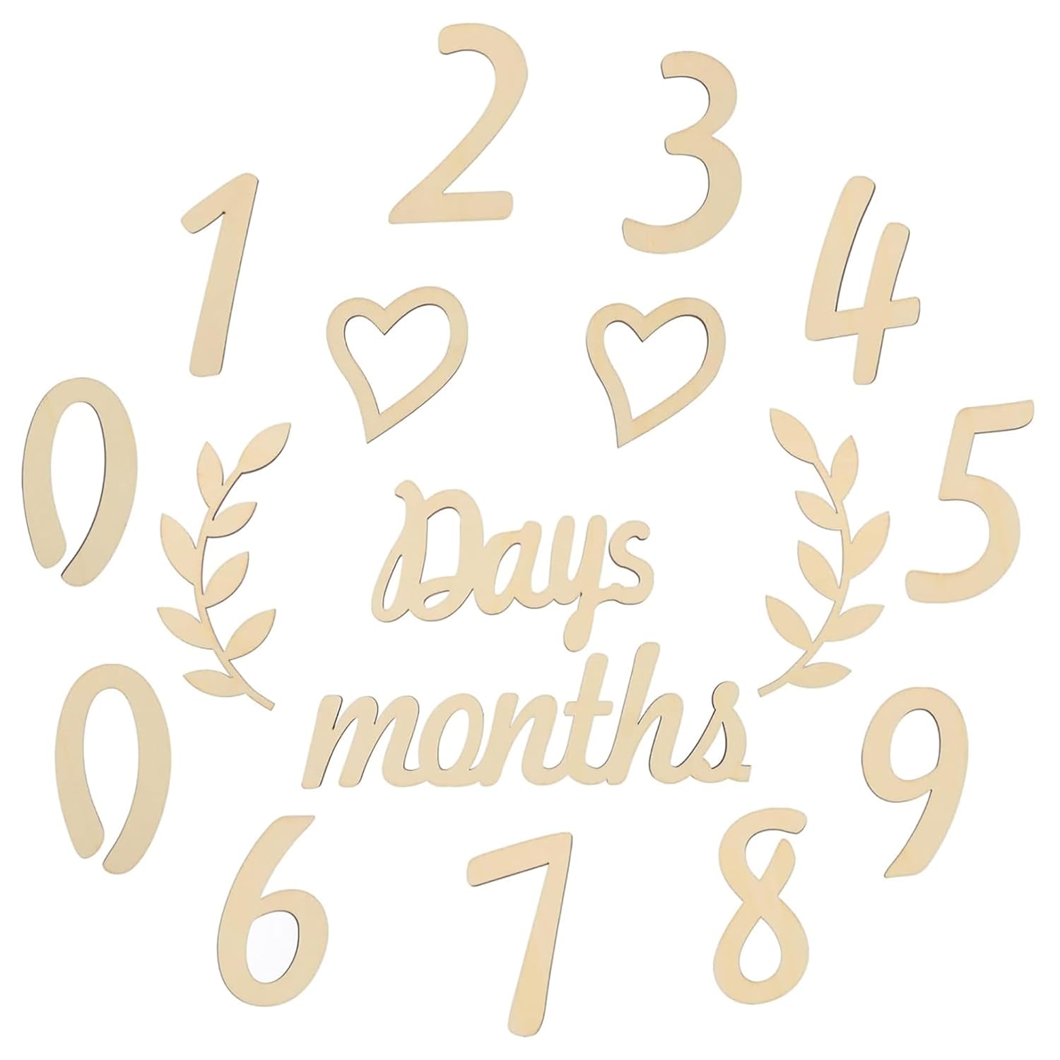 Wooden numbers and letters for baby milestone signs on a white background