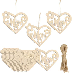 Cliths 20 Pcs Wooden MOM Heart Cutouts DIY Hanging Ornaments for Mother's Day Decor, Crafts MDF Unfinished Craft Blanks