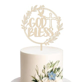 Cliths Pack of 2 Wooden "God Bless" Cake Toppers Baptism & Christening Decor, Dove & Cross Rustic MDF