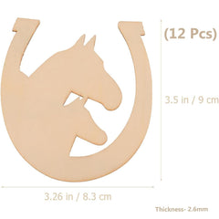 Wooden horse head and horseshoe cutout with measurements on a white background