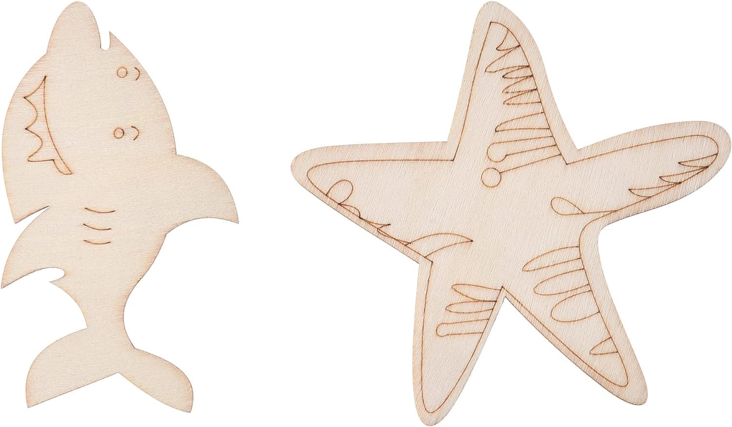 Wooden cutouts of a shark and a starfish on a white background