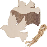 Stack of wooden dove shapes with a bundle of twine on a white background