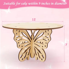 Wooden butterfly-shaped cake stand with measurements on a pink background