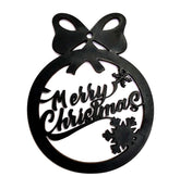 Black metal Christmas ornament with 'Merry Christmas' text and snowflake design on a white background