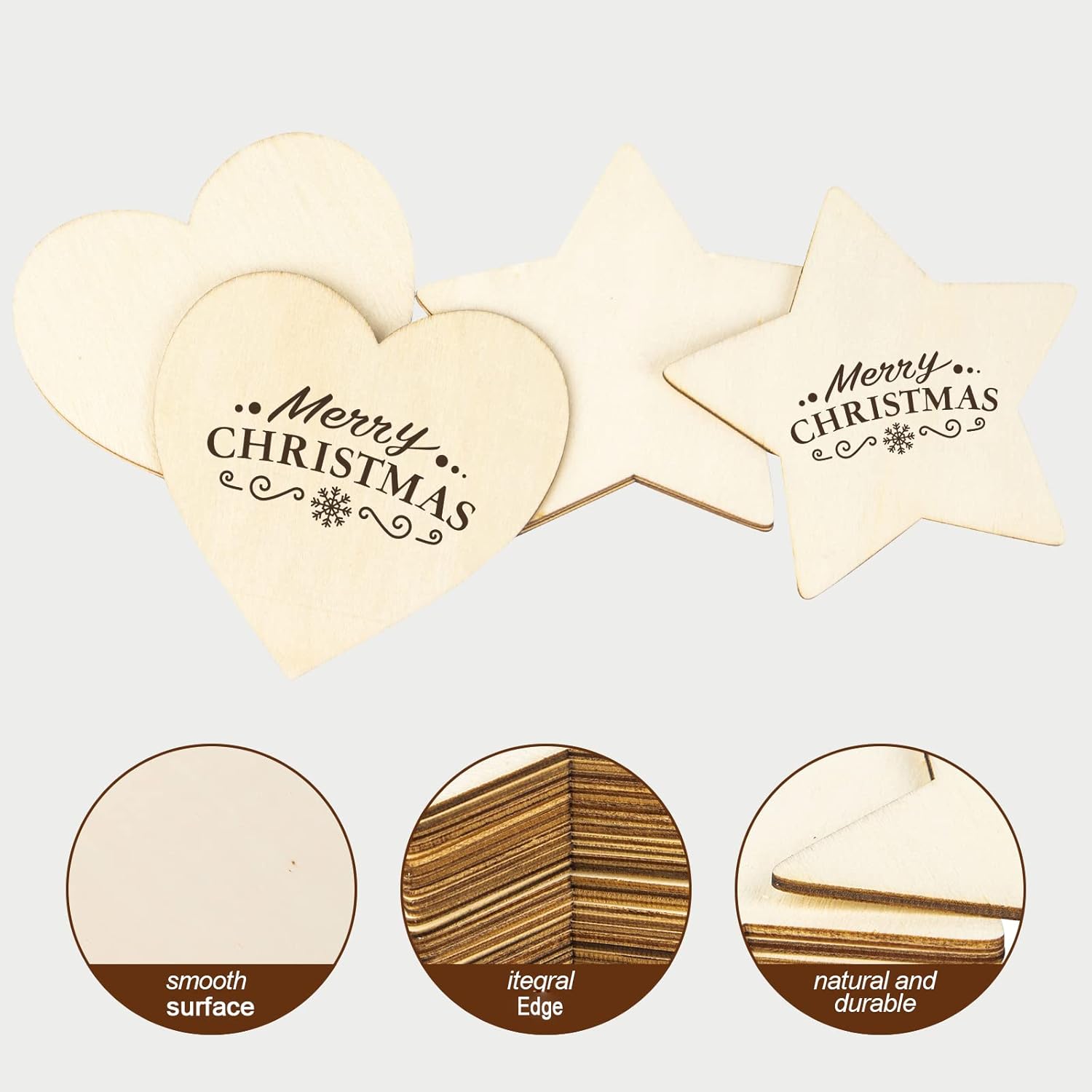 Wooden Christmas decorations with 'Merry Christmas' text, showing smooth surface, integral edge, and natural durability.