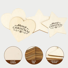 Wooden Christmas decorations with 'Merry Christmas' text, showing smooth surface, integral edge, and natural durability.