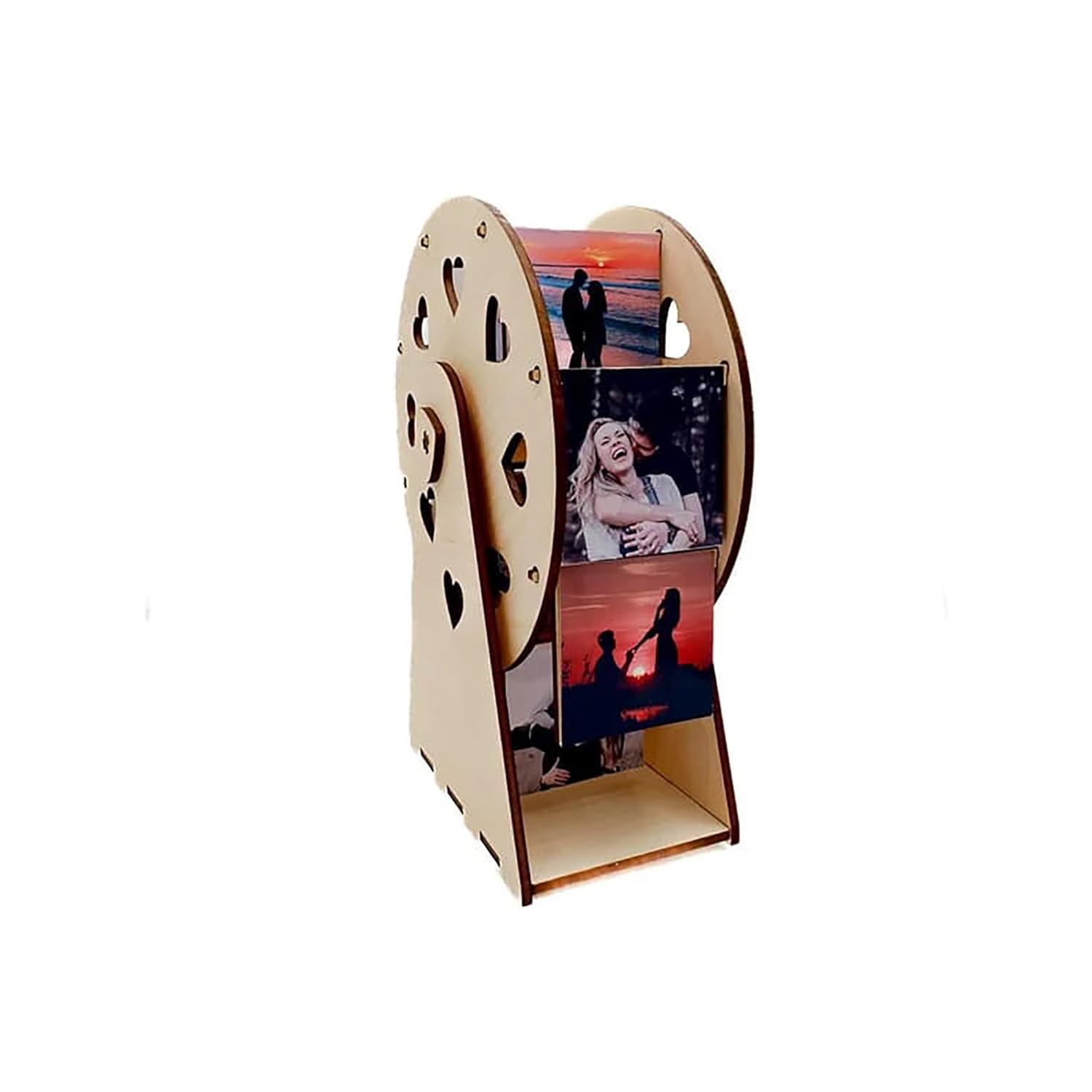 Wooden photo display with heart designs on a white background