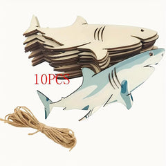 Wooden shark-shaped cutouts with jute string on a white background