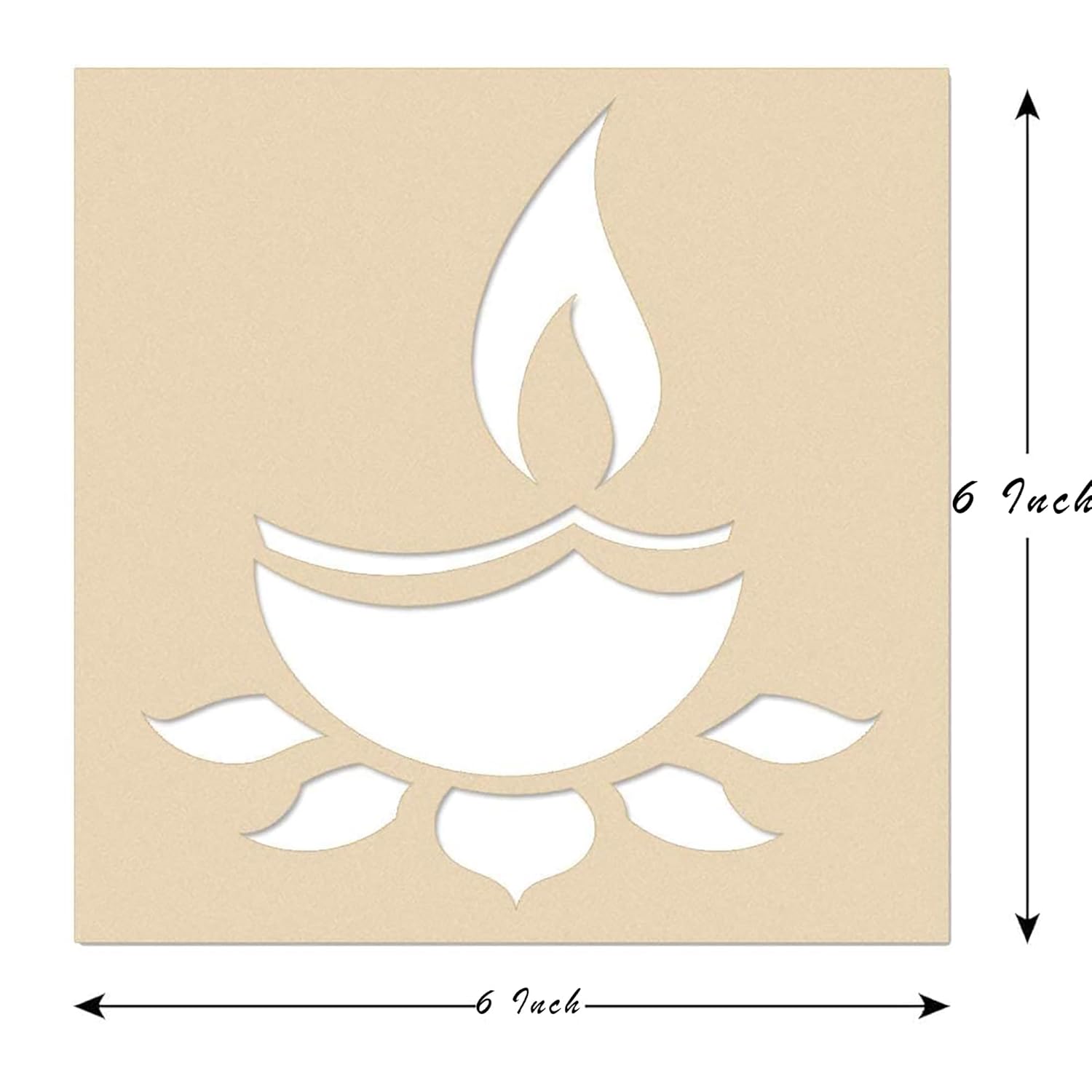 Beige cardboard with white cut-out design resembling a flame, dimensions indicated.