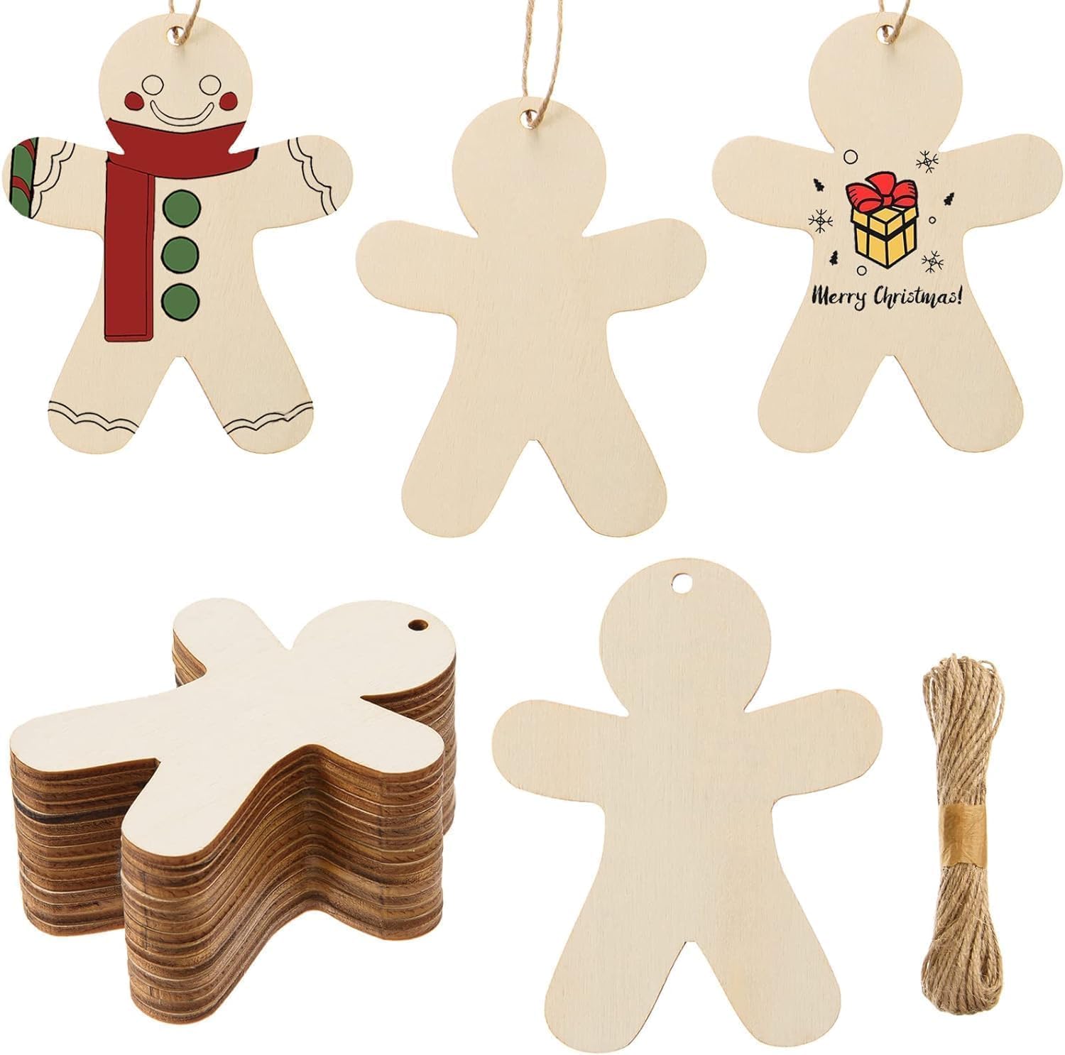 Set of wooden gingerbread man ornaments with decorative elements on a white background