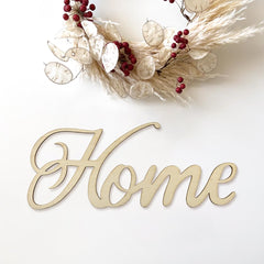 Decorative sign with 'Home' on a white background with floral and berry decorations.
