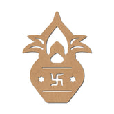 Decorative wooden cutout with a flame design and swastika symbol on a white background