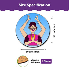 Circular product with cartoon character and size specifications on a white background