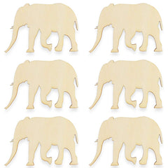 Six wooden elephant cutouts on a white background