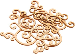 Decorative wooden cutout with intricate scroll design on a white background