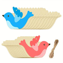 Two bird-shaped wooden toys with string on a white background