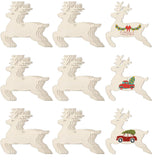 Set of wooden reindeer ornaments with Christmas-themed designs on a white background