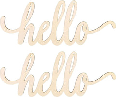 Wooden cutout letters spelling 'hello' on a white background