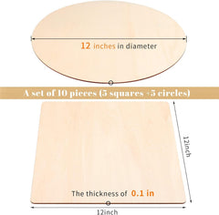 Set of 10 wooden shapes with measurements on a white background