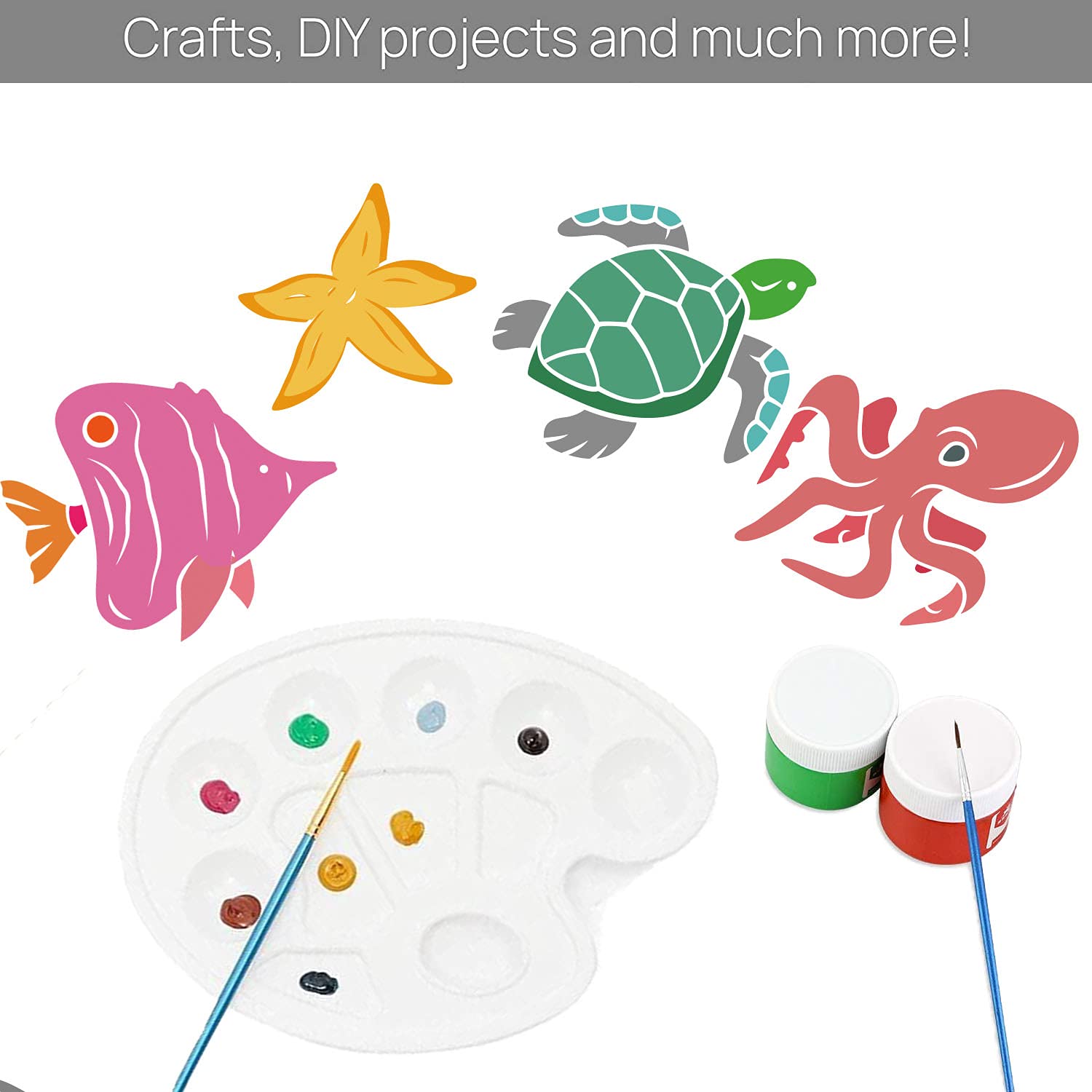 Colorful ocean-themed stamps with a paint palette and brushes on a white background.