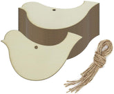 Bird-shaped wooden cutouts with twine on a white background