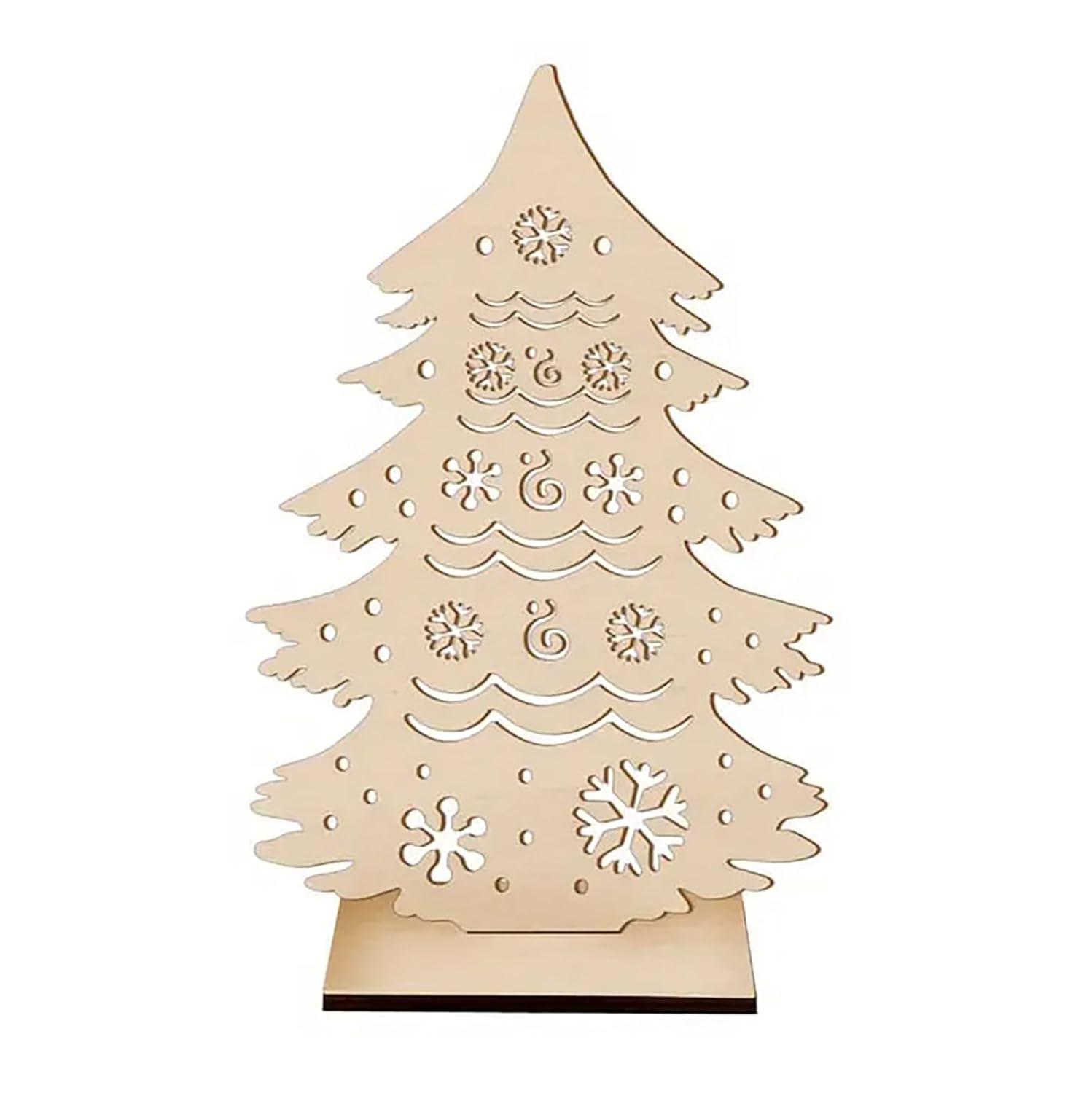 Wooden Christmas tree decoration with cut-out patterns on a white background