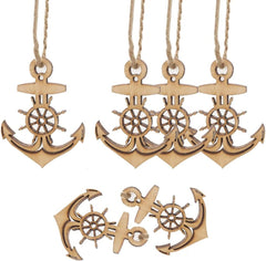 Set of wooden anchor and wheel ornaments on a white background