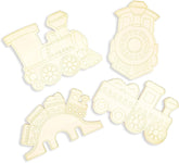 Four train-shaped cookie cutters on a white background