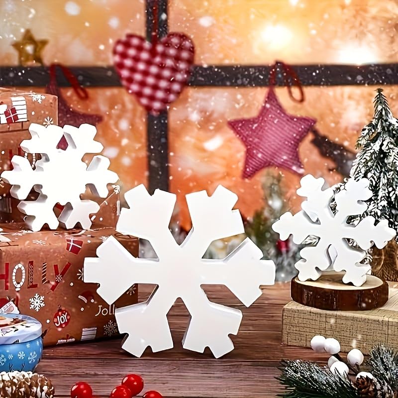 Decorative snowflakes on a Christmas-themed background with presents and stars.