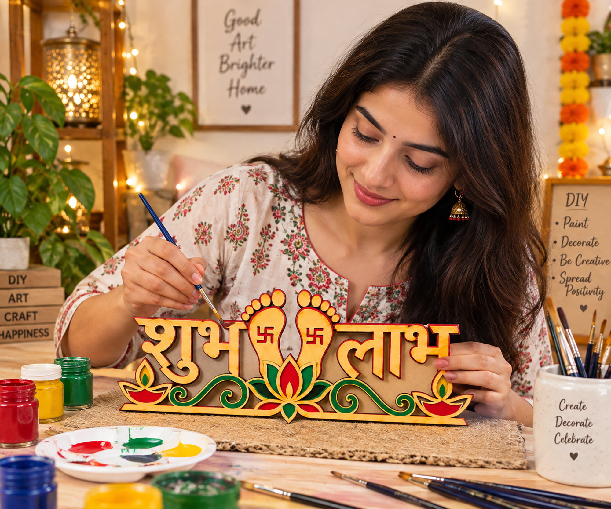 wooden shubh labh pooja room decor