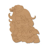 Cardboard cutout of a stylized character with long hair and a child on a white background