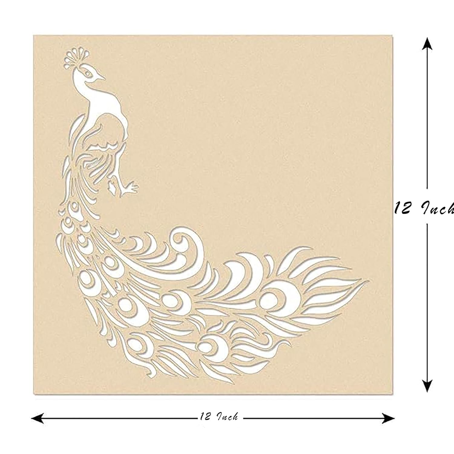 White peacock design on a beige background with dimensions indicated.