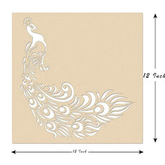 White peacock design on a beige background with dimensions indicated.