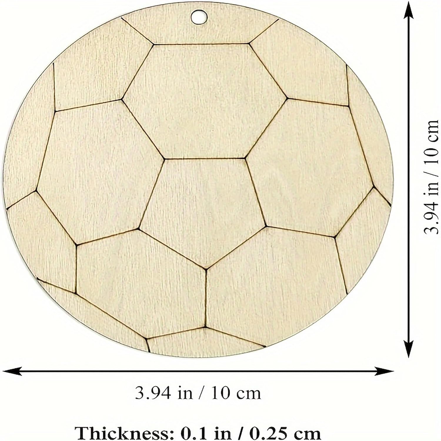 Wooden geometric pendant with measurements on a white background