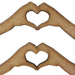 Two cardboard cutouts of hands making heart shapes on a white background