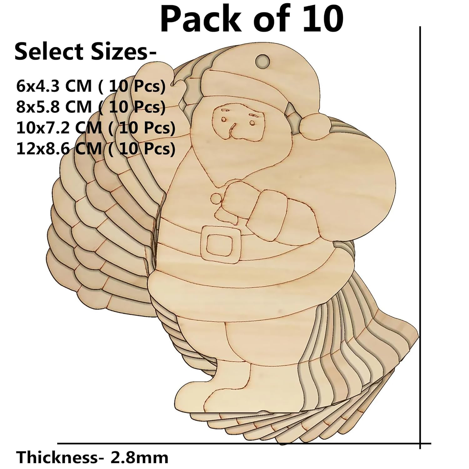 Wooden cutout of a Santa Claus figure with dimensions and packaging details on a white background