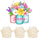 Decorative sign with colorful flowers and 'Spring' text in mason jar shapes on a white background.