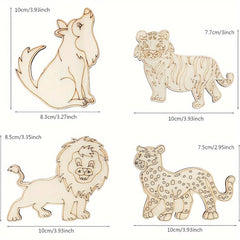 Wooden animal figures with measurements on a white background