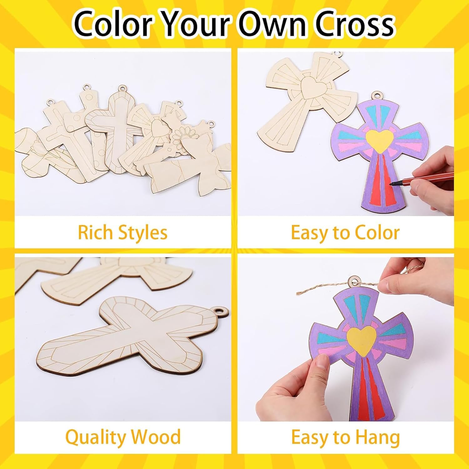 Wooden cross shapes with colorful designs, hand coloring a cross, and text 'Color Your Own Cross' on a yellow background.