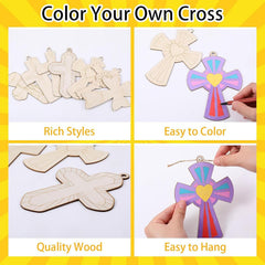 Wooden cross shapes with colorful designs, hand coloring a cross, and text 'Color Your Own Cross' on a yellow background.