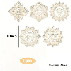Set of five 6-inch mandala designs with thickness and quantity information on a white background