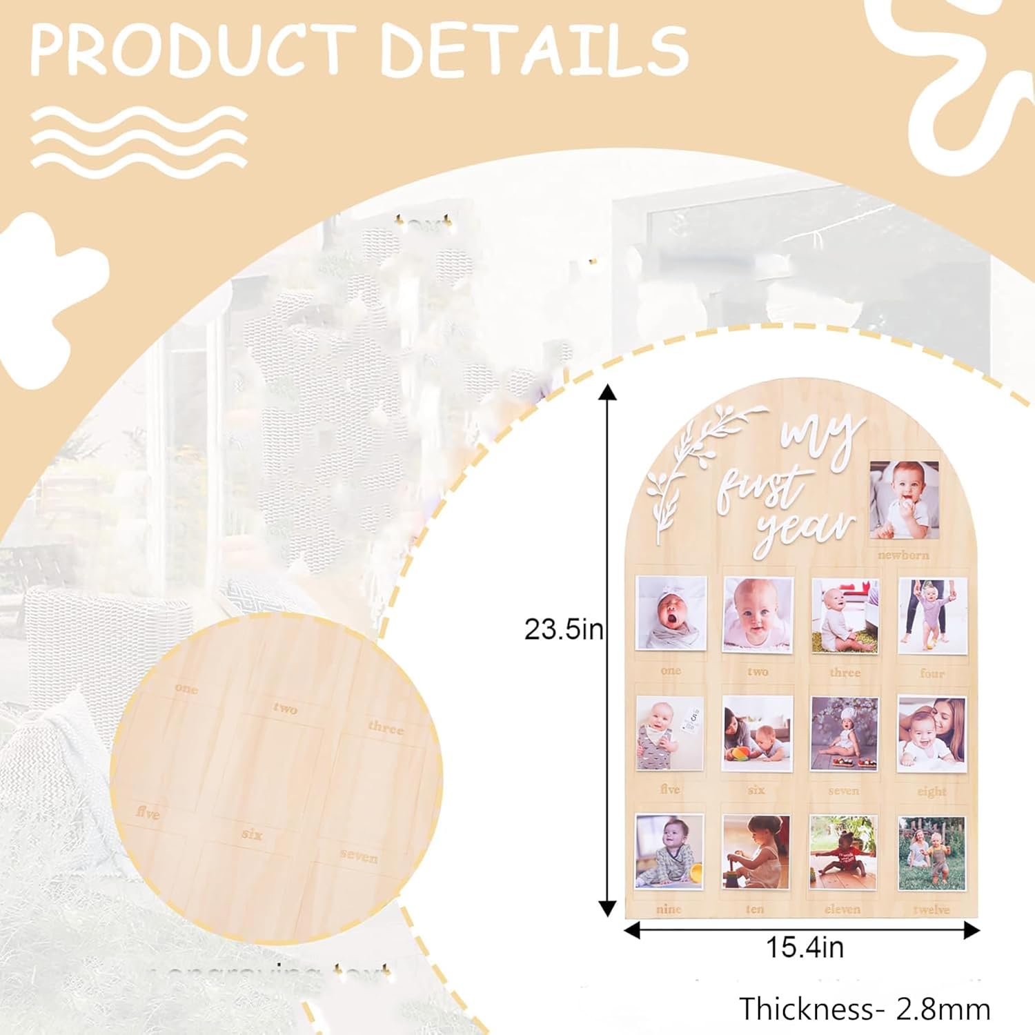 Wooden photo display board with measurements and baby milestone photos on a white background