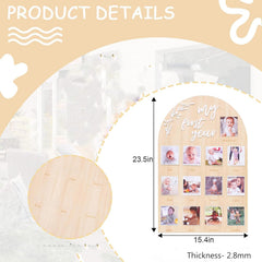 Wooden photo display board with measurements and baby milestone photos on a white background