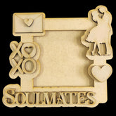 Wooden frame with 'Soulmates' text and romantic design elements on a black background