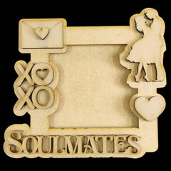 Wooden frame with 'Soulmates' text and romantic design elements on a black background